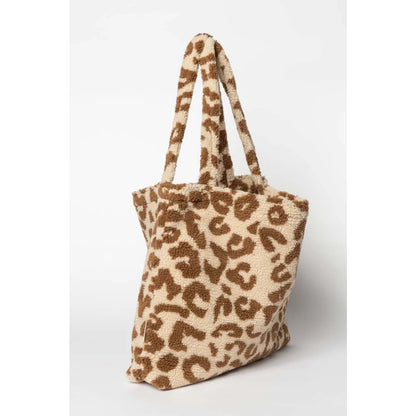 Leopardenmuster Tote Bag aus plüschigem Material im Teddy Mom Bag Design Ecru Leopard