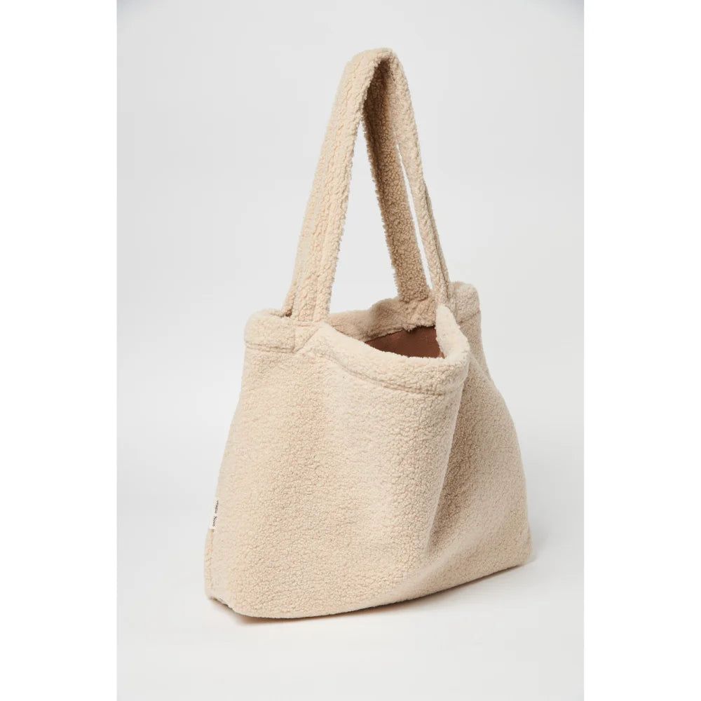 Beige Flauschige Tragetasche mit Griffen, Teddy Mom Bag in Ecru