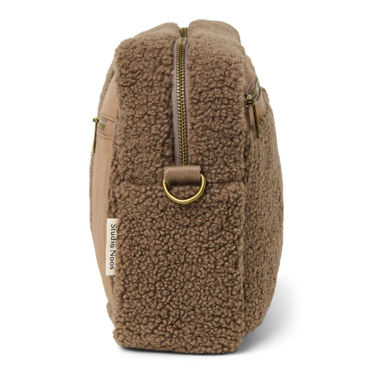 Beige Shearling-Rucksack mit Goldreißverschluss für Teddy Stroller Organizer