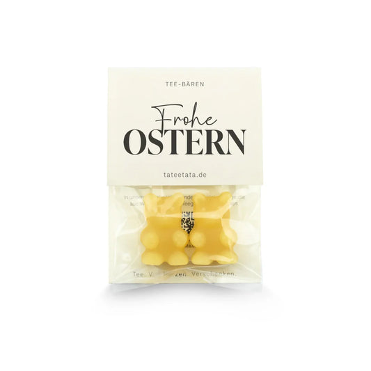 Gelbe Bären-Teebeutel in Klarsichtverpackung für heißem Wasser, Frohe Ostern