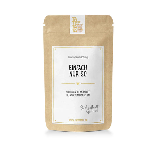 Braune Kraftpapier-Pouch mit weißem Etikett von Tate Tata, Tee Einfach nur so 15g oder 35g