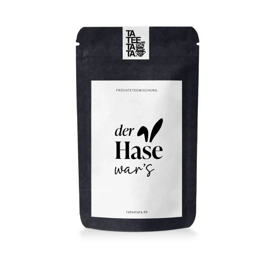Schwarzer wiederverschließbarer Beutel mit Tate Tata Früchtetee Der Hase war’s, 15g