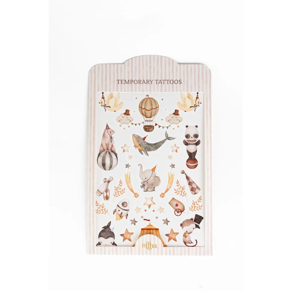 Temporäre Kindertattoos mit pastellfarbenen Zirkus-Tieren