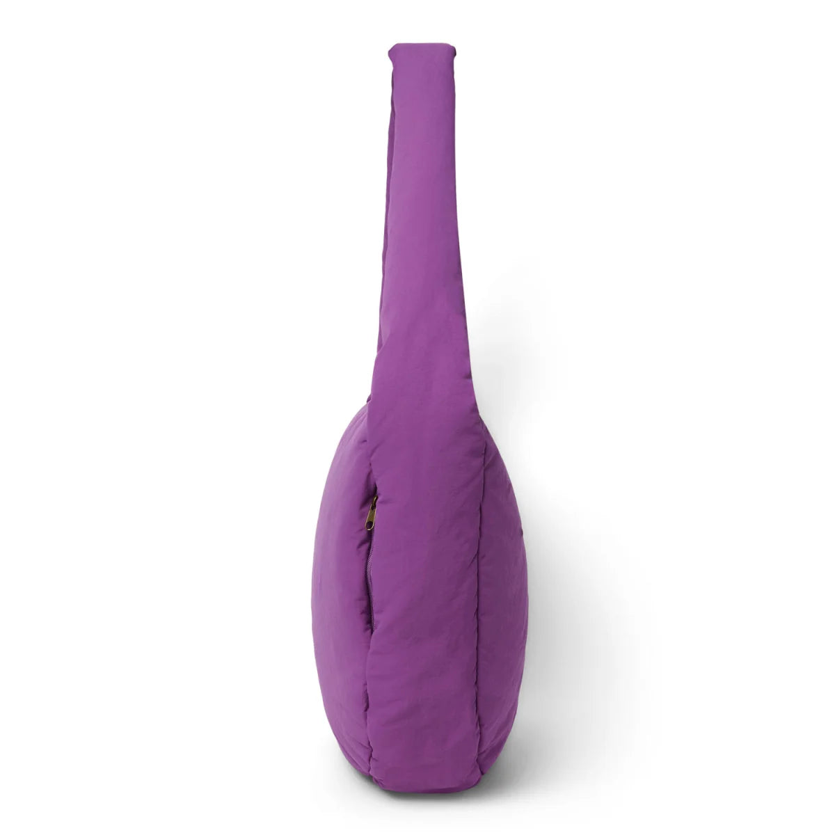 Textured puffy cross body bag in purple with quilted design zipper closure and padded handles for shoulder use
