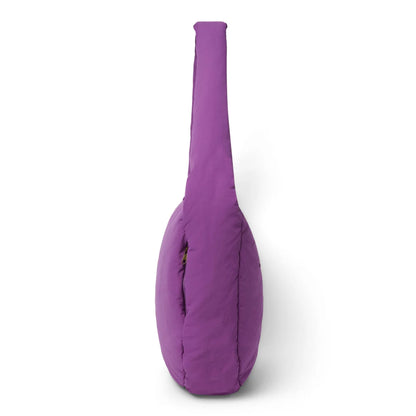Textured puffy cross body bag in purple with quilted design zipper closure and padded handles for shoulder use