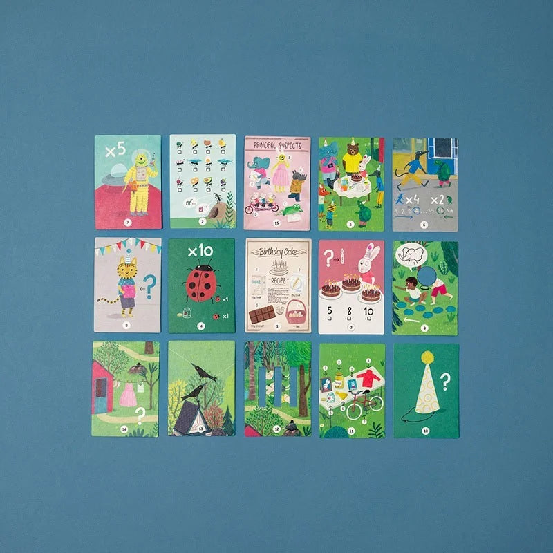 Bunte Lernkarten mit Tieren und Mathe-Motiven aus The Mysterious Case of the Birthday Puzzle