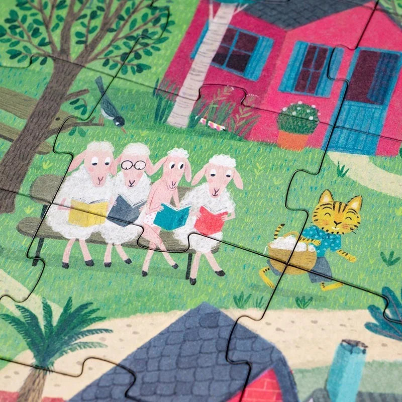 Buntes Kinderpuzzle: Schäfchen lesen auf Bank, Katze mit Korb in Geburtstagsrätsel