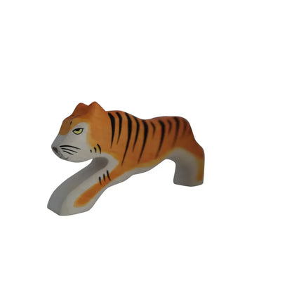Holzspielzeug Tiger mit orange-schwarzen Streifen und weißem Bauch