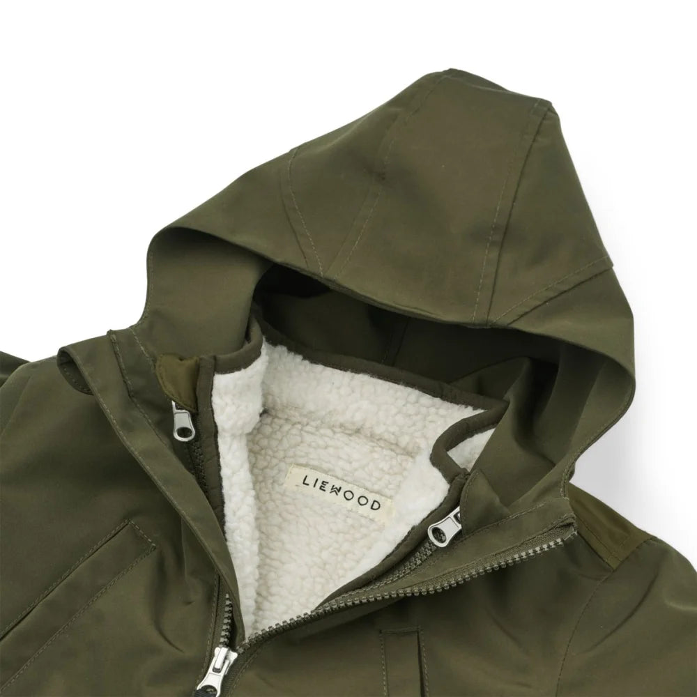 Olivegrüne Timber 2-in-1 Jacke mit weißen Sherpa-Futter und Kapuze