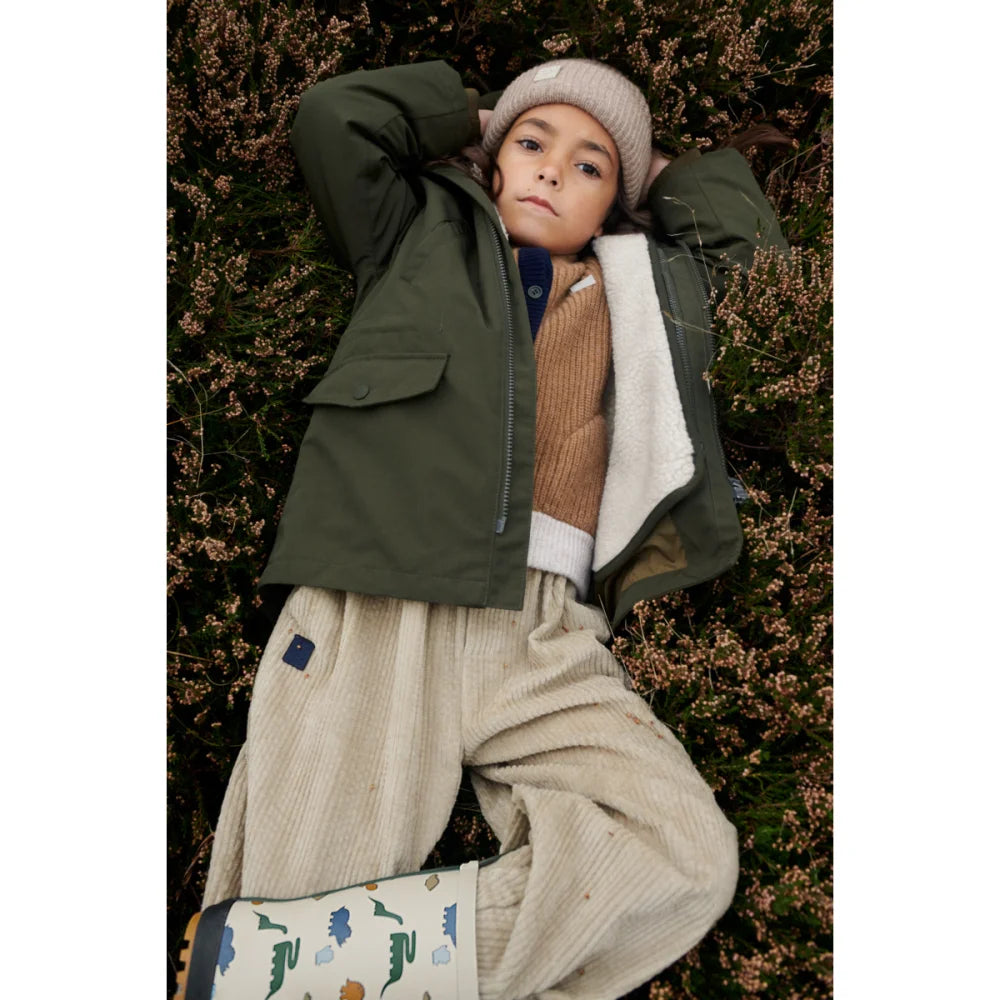 Kindermantel Timber 2-in-1 Jacke in Army Braun mit Olivgrünem Parka und Sherpa-Futter