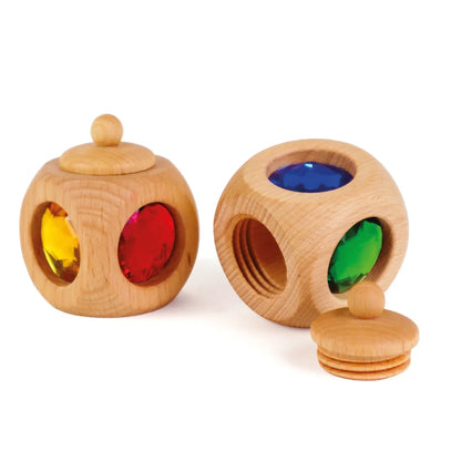 Holzsphäre mit bunten Glas-Einsätzen, Deckel und Sockel für Zahnbox