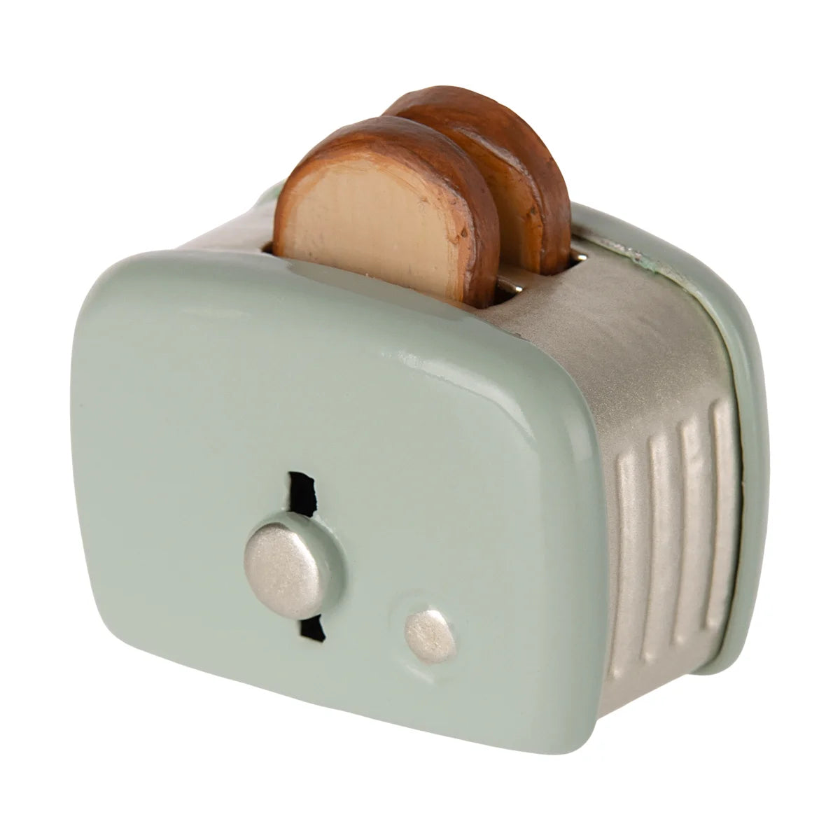 Pastelgrüner mini toaster toster maus mit silbernen akzenten und zwei getoasteten brotscheiben ideal als geschenk für neugeborene