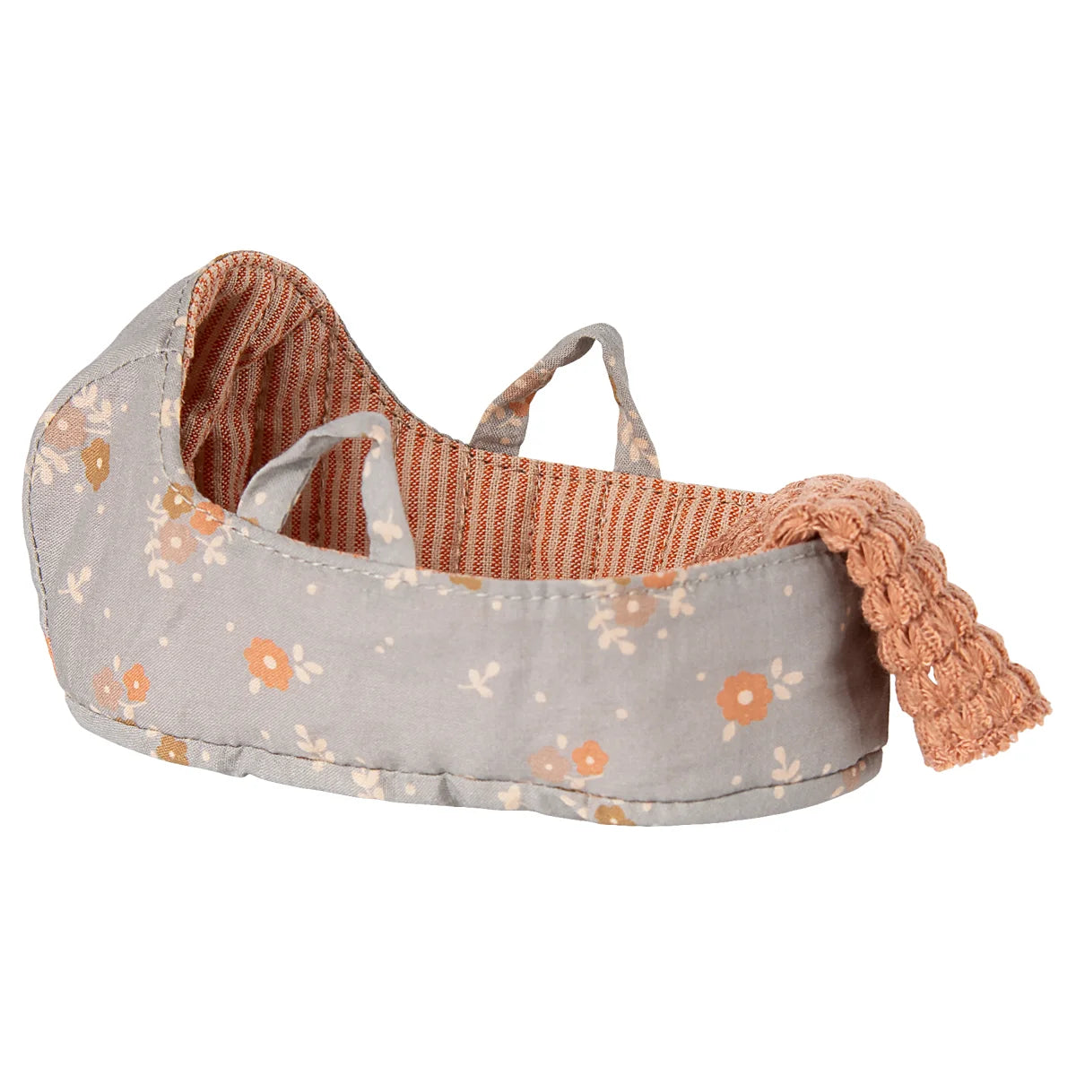 Graue Babywiege Mikro mit Blumenmuster, orange-weißem Innenfutter und Pfirsichdecke
