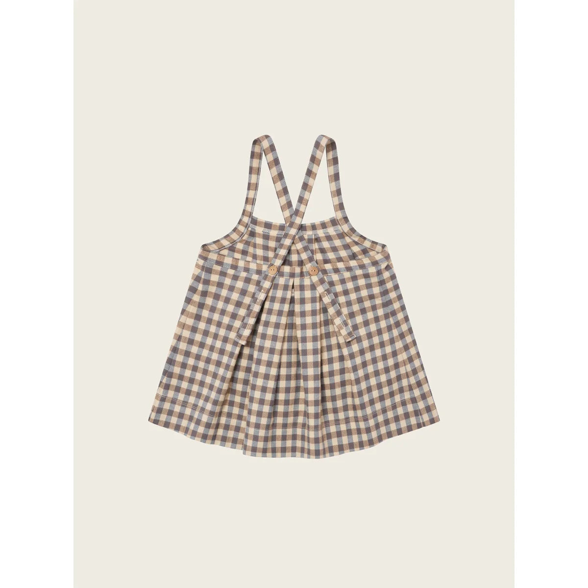 Weiches beige-graues Gingham-Karo-Kleid Tribe Stripes Shoreline, ärmellos mit Kreuzbändern und Plisse-Rock
