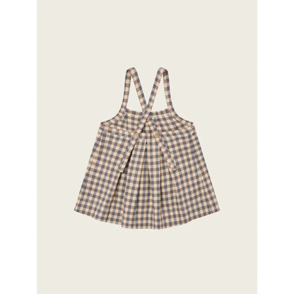 Weiches beige-graues Gingham-Karo-Kleid Tribe Stripes Shoreline, ärmellos mit Kreuzbändern und Plisse-Rock