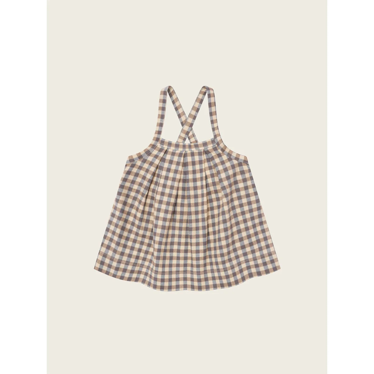 Weiches, ärmelloses Mädchen-Top in beigegrauem Gingham-Muster mit gekreuzten Trägern