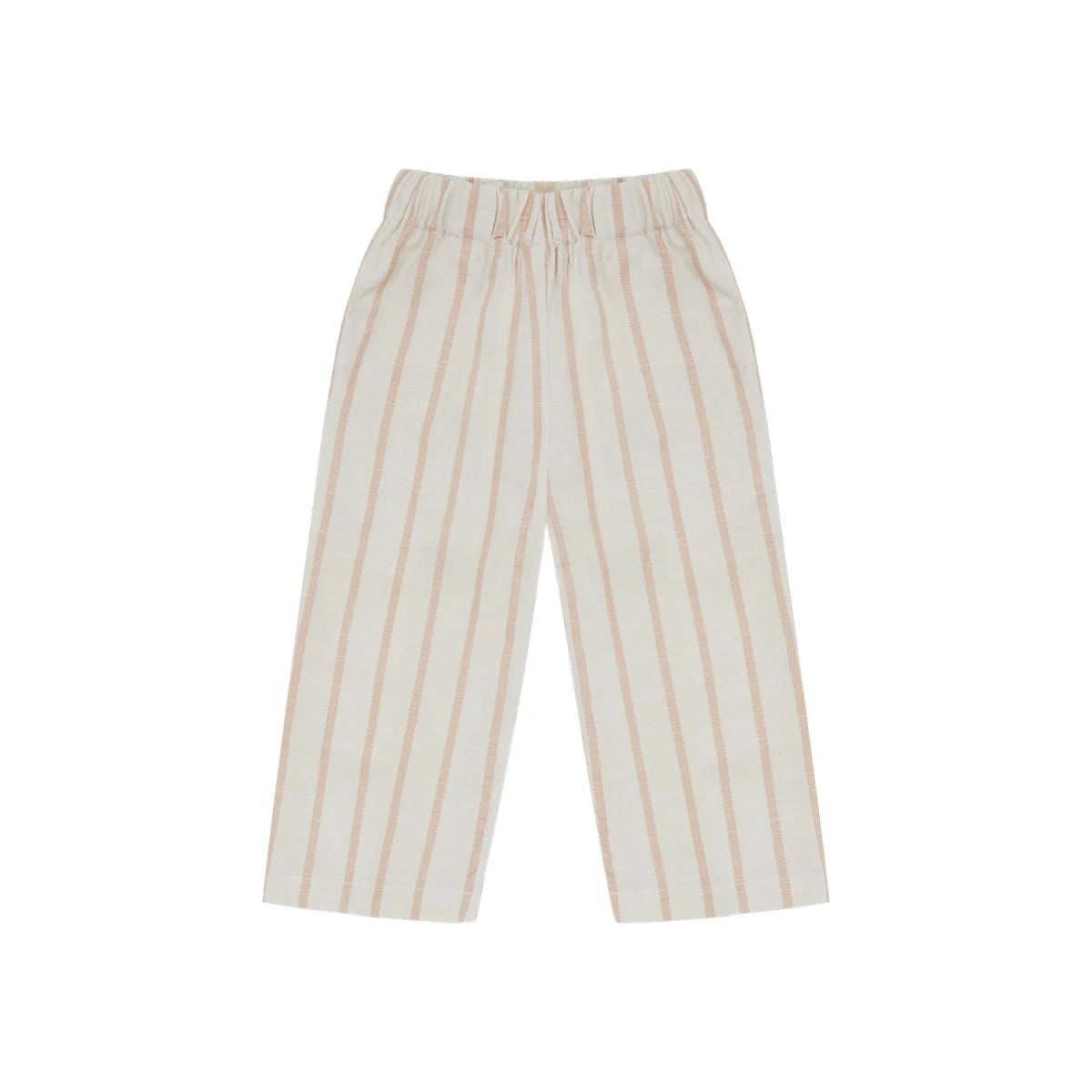 Beige gestreifte Leinen-Optik Hosen mit rosa Streifen, elastischer Bund