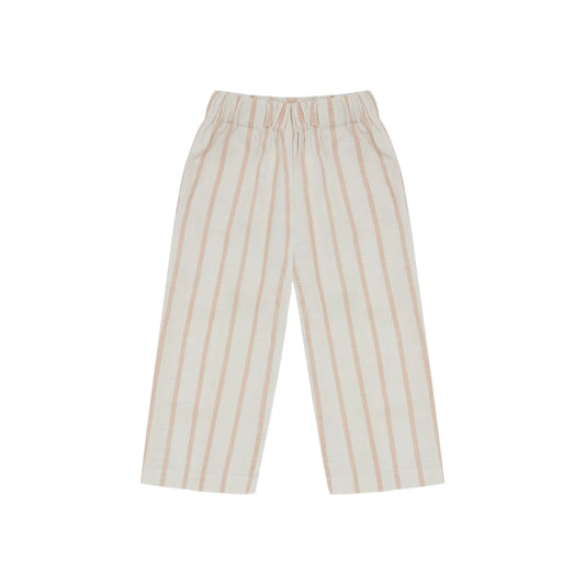 Beige gestreifte Leinen-Optik Hosen mit rosa Streifen, elastischer Bund
