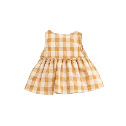 Ärmelloses Gingham-Kleid mit gerafftem Bund in Gelb und Weiß, Tunika aus Webstoff