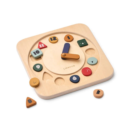 Holzformsortieruhrpuzzle mit bunten nummerierten und geformten Teilen für Kinder