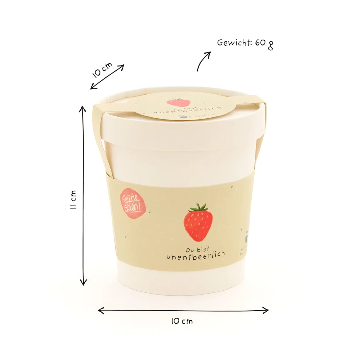 Creamfarbener becher mit griff und erdbeerillustration und text du bist unentbehrlich ideal für ökologische baby- & kinderprodukte