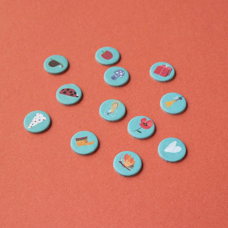 Bunte Teal-Kreise mit Früchten, Insekten und Blumen im Unicorn Tiny Puzzle