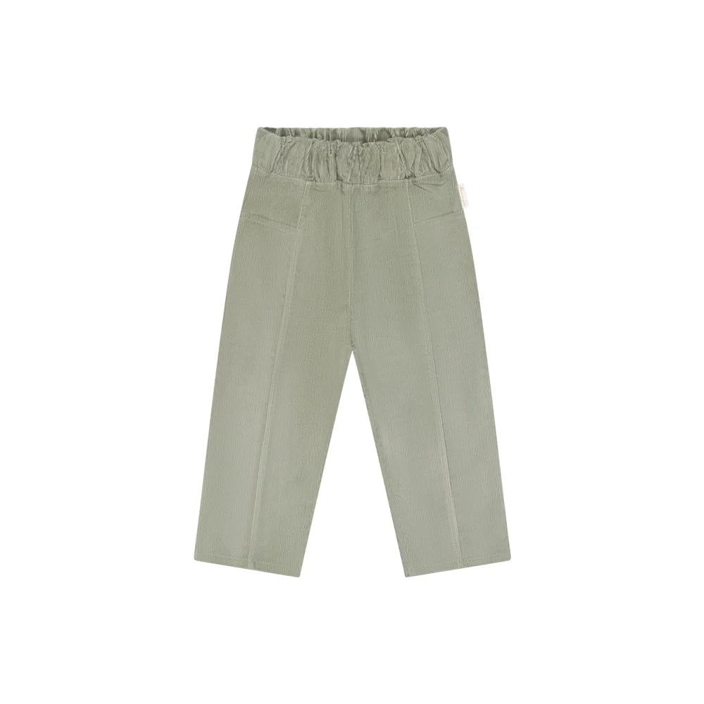 Sage grüne, weite kurze Cordhose mit elastischem Bund und Frontfalten, Unisex