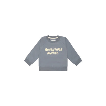Grauer Unisex Oversized Sweatshirt mit Abenteuer wartet Text in Weiß und Gelb