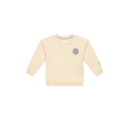 Creamfarbener unisex oversized Sweatshirt mit Smiley, Tasche und Rippbündchen