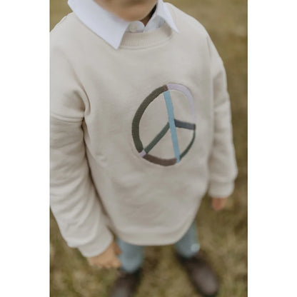 Weißes Peace-Zeichen Sweatshirt mit schwarzen und blauen Akzenten, Unisex oversized Cappuccino Style