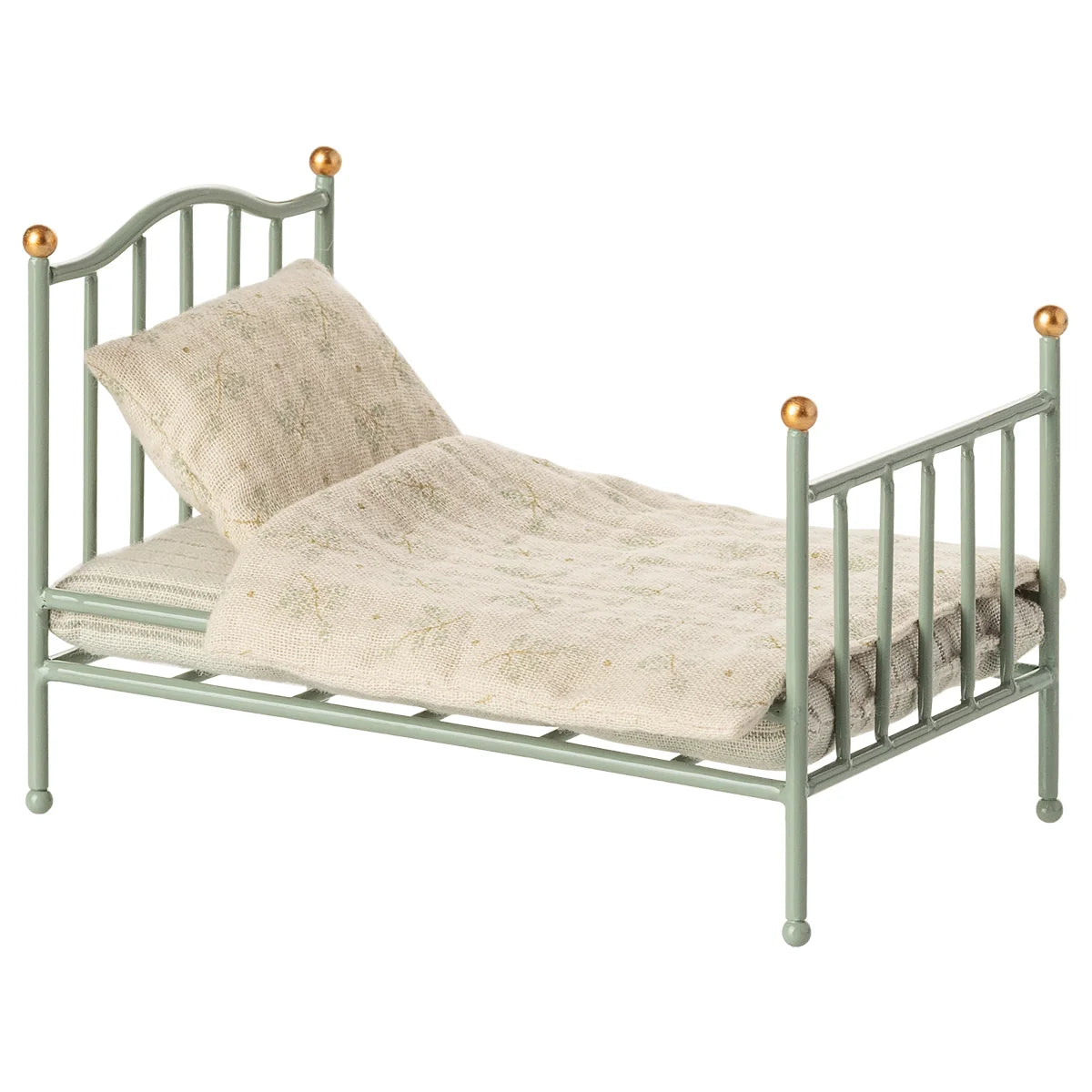 Zarte mintgrüne Metallpuppe Bett Vintage Bett Maus mit Goldkugeln
