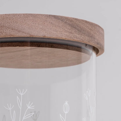 Klares Vorratsglas Blumenwiese mit Holzdeckel und Blumenätzungen, 13cm