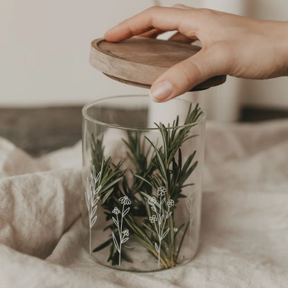 Klares Vorratsglas Blumenwiese mit Holzdeckel und Blumenillustrationen, 13cm