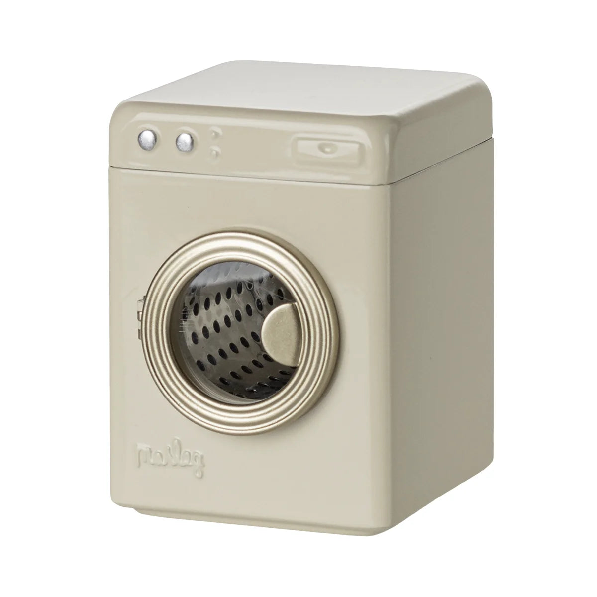 Cremeweiße Mini-Waschmaschine Maus mit silberner Tür und Knöpfen