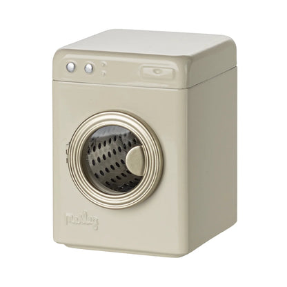 Cremeweiße Mini-Waschmaschine Maus mit silberner Tür und Knöpfen