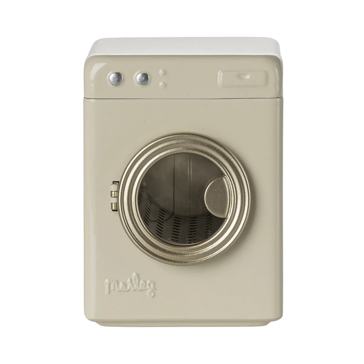 Creme-Waschmaschine Maus mit silberner Tür und Maisy-Logo