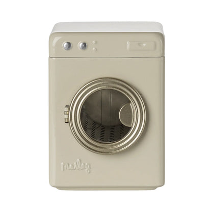 Creme-Waschmaschine Maus mit silberner Tür und Maisy-Logo