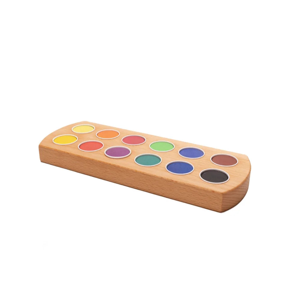 Holz-Wasserfarbhalter mit zwölf bunten Farbtöpfen für Malprojekte