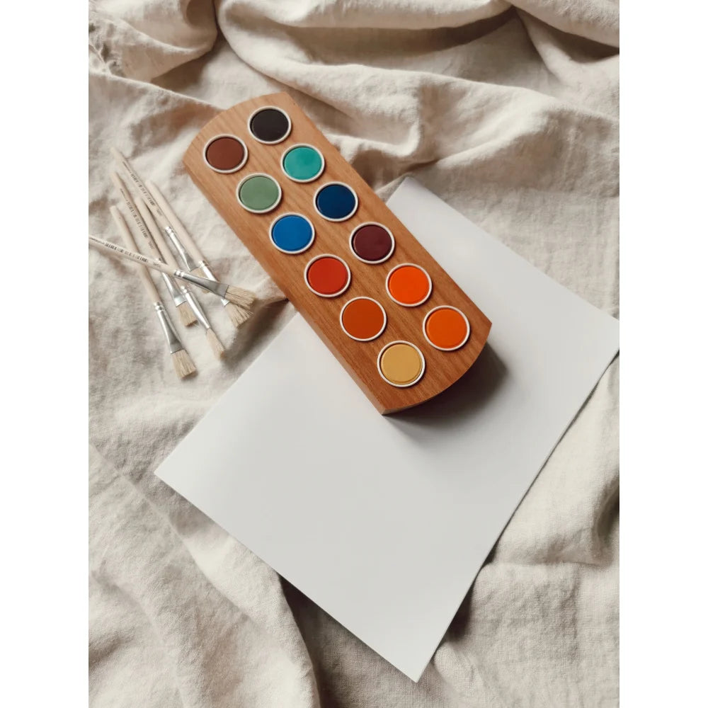 Holz-Wasserfarbhalter mit 14 leuchtenden Farbtafeln und Pinsel für Malen