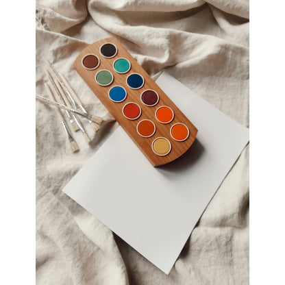 Holz-Wasserfarbhalter mit 14 leuchtenden Farbtafeln und Pinsel für Malen