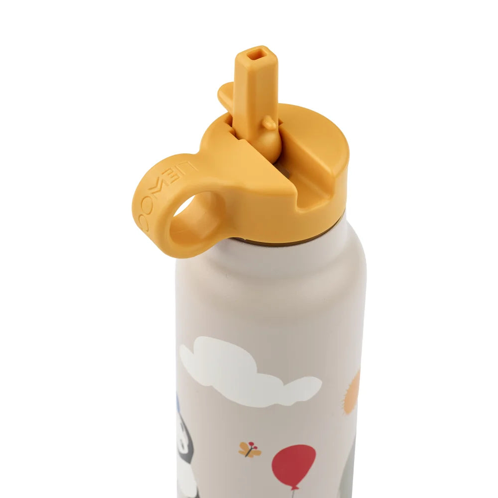 Kinderisolierte Wasserflasche Falk 350 ml mit gelber Strohhalmdeckel und Wolken, Ballon, Schmetterlingsdesign