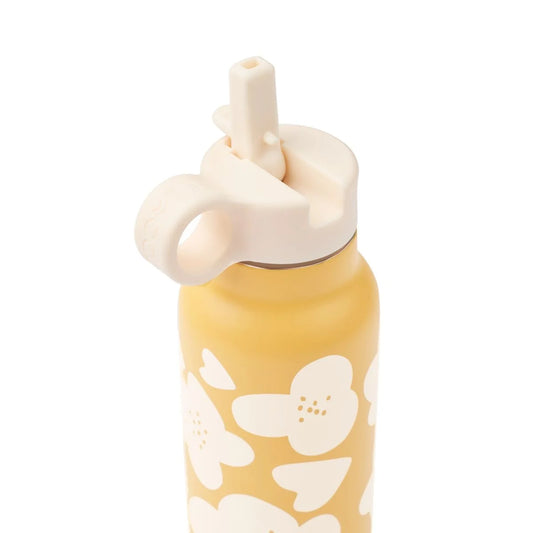 Gelbe Wasserflasche Falk 350 ml mit weißem Blumenmuster, recyceltem Edelstahl