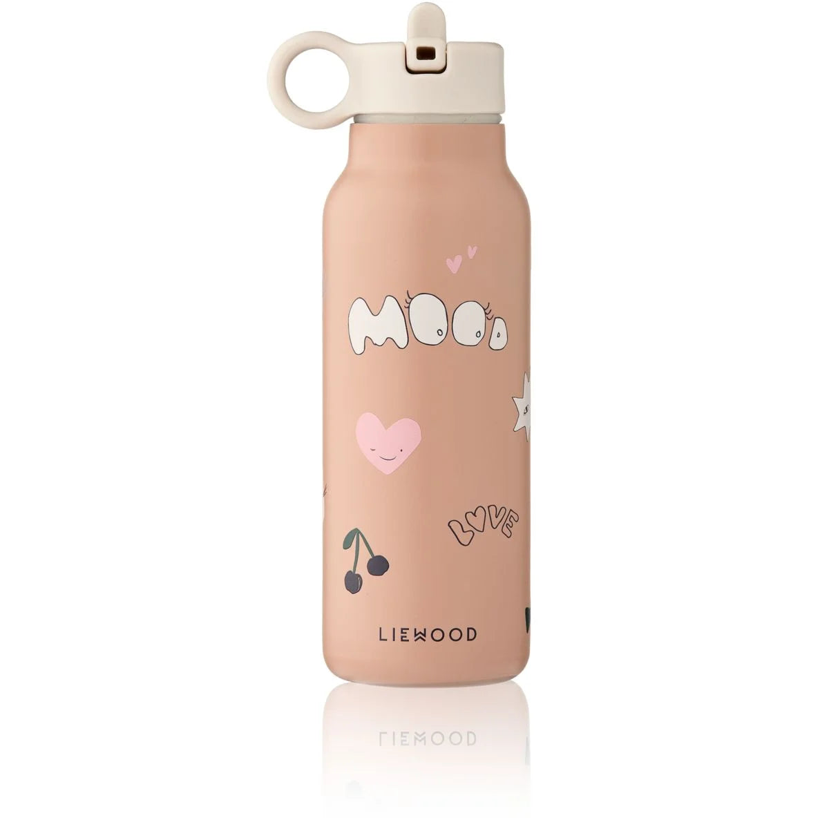 Rosa isolierte wasserflasche falk 350 ml mit weißem klappdeckel und mundharmonika griff mit mond und herzen motiven