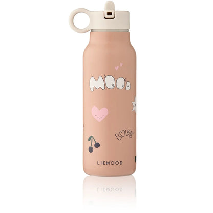 Rosa isolierte wasserflasche falk 350 ml mit weißem klappdeckel und mundharmonika griff mit mond und herzen motiven