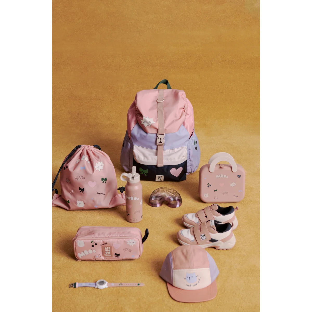 Pastell rosa und lavendel gestreifter rucksack mit herz- und katzenmotiv für wasserflasche falk 350 ml mood pale tuscany