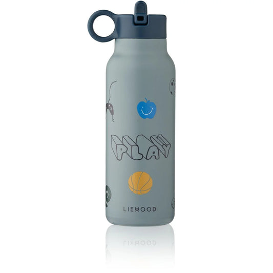 Graue matte wasserflasche falk 350 ml mit spielerischem play-design und bunten cartoon-grafiken, dunkelblauer schraubdeckel mit griff