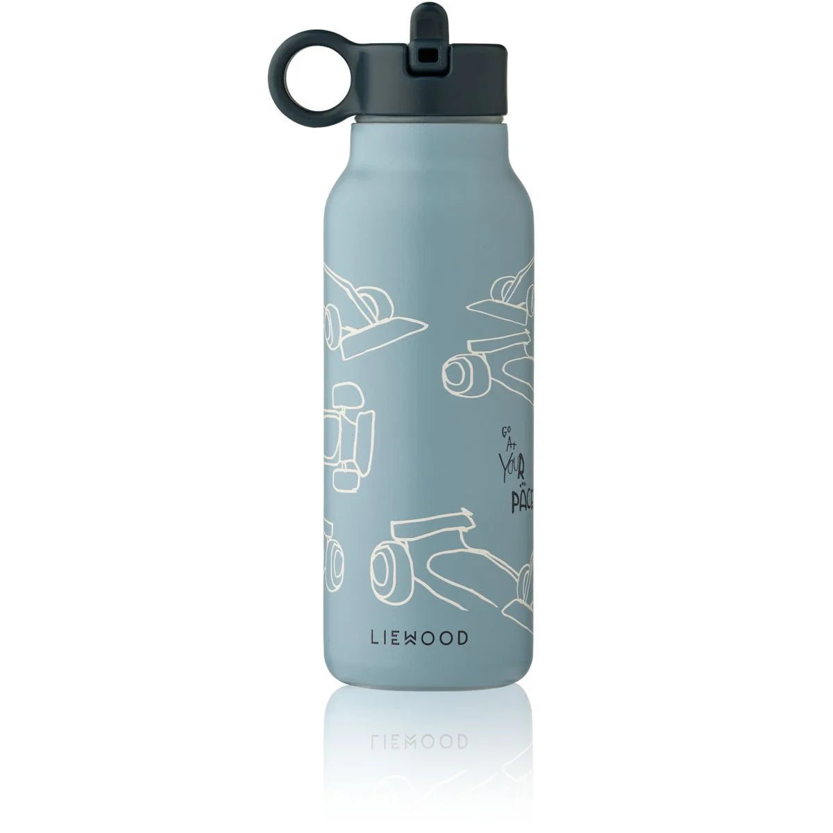 Wasserflasche falk 350 ml in beach blue mit weißen skateboardzeichnungen und schwarzem tragegriffdeckel