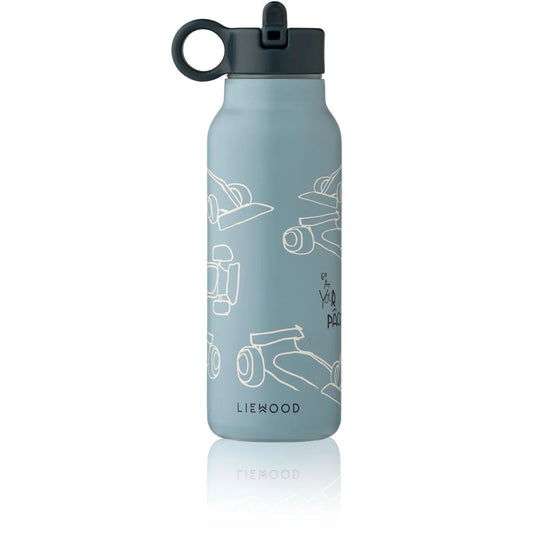 Wasserflasche falk 350 ml in beach blue mit weißen skateboardzeichnungen und schwarzem tragegriffdeckel