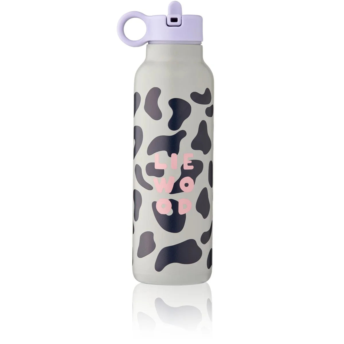 Matte wasserflasche falk 500 ml mit schwarz weißem leopardmuster rosa schriftzug und lavendelfarbenem deckel