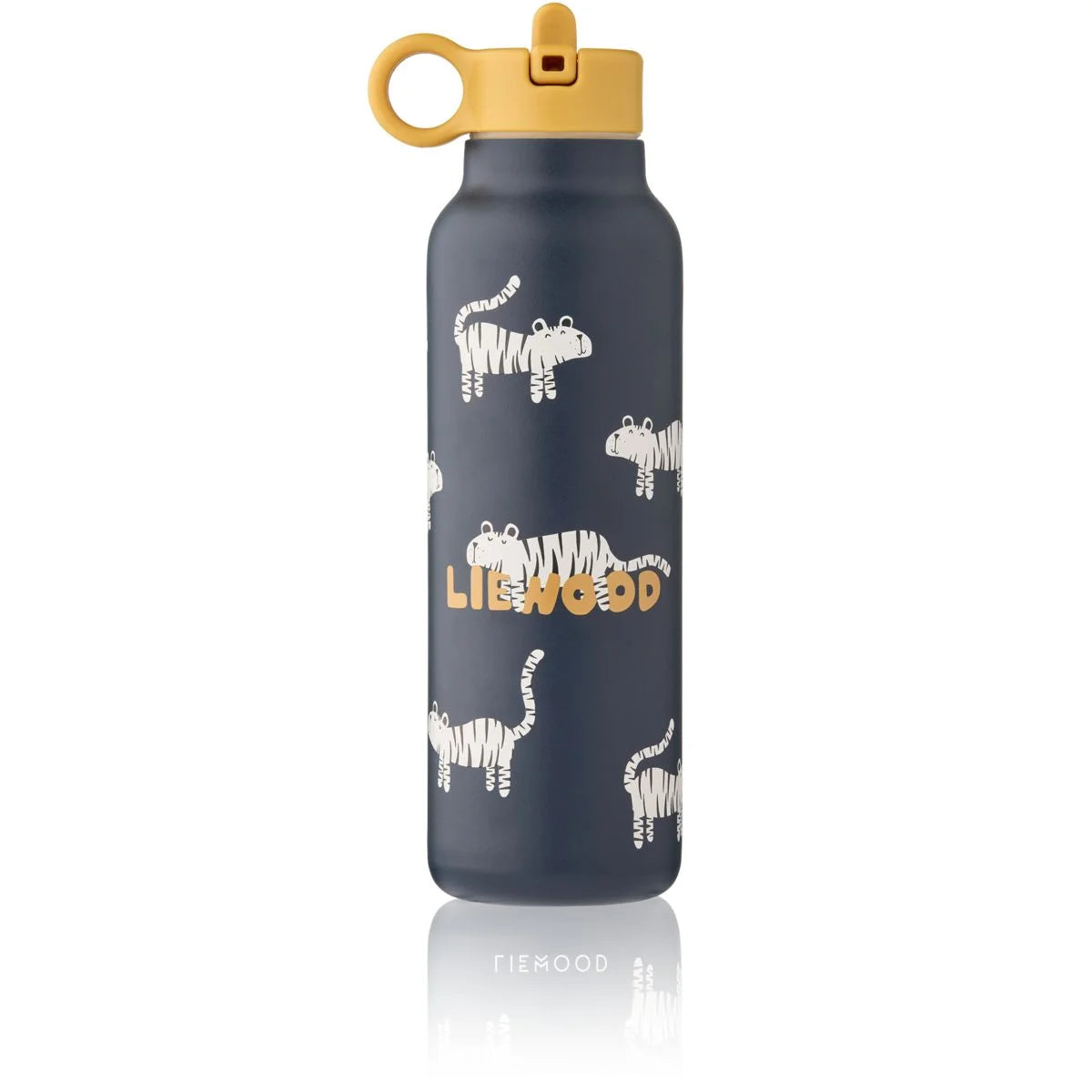 Navyblaue wasserflasche falk 500 ml mit weißem tiger design und senfgelbem deckel von liewood